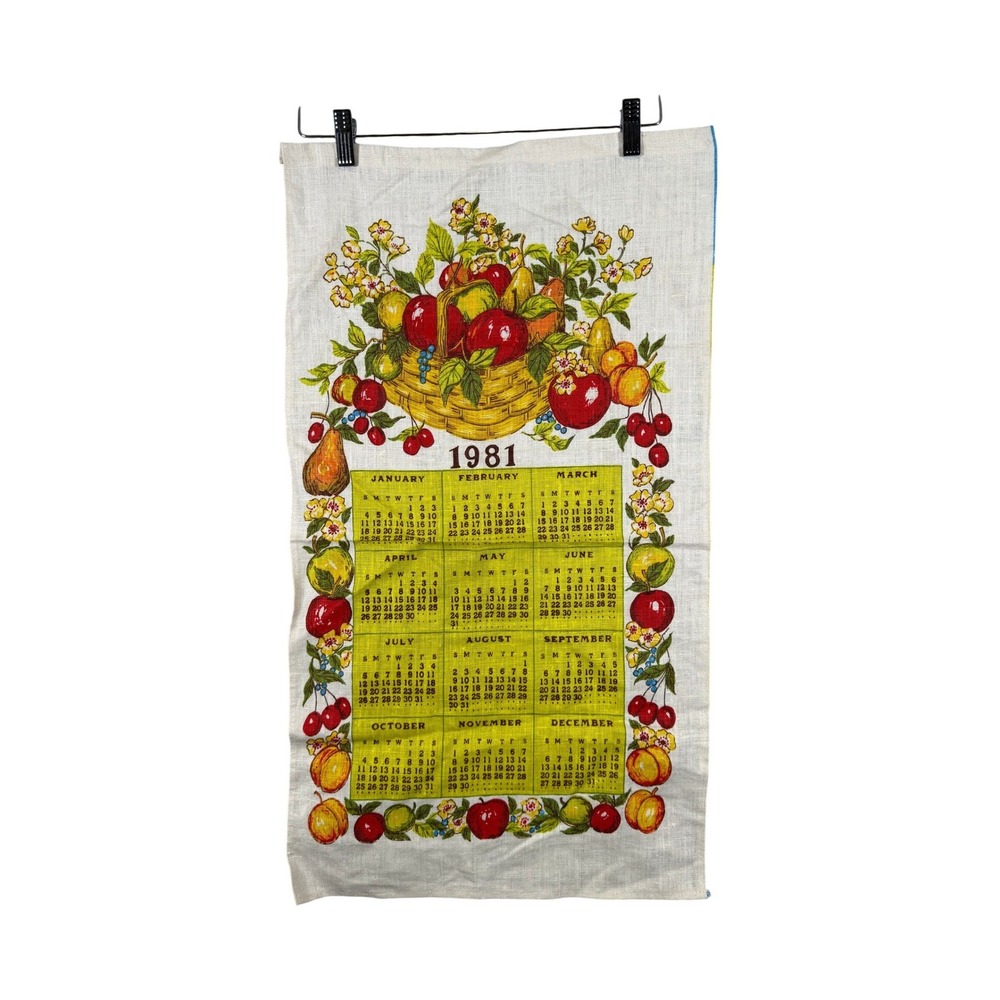 VTG 1981 Linen Kitchen Towel Calendar Fruit Basket and Border 28"x16" Cottage